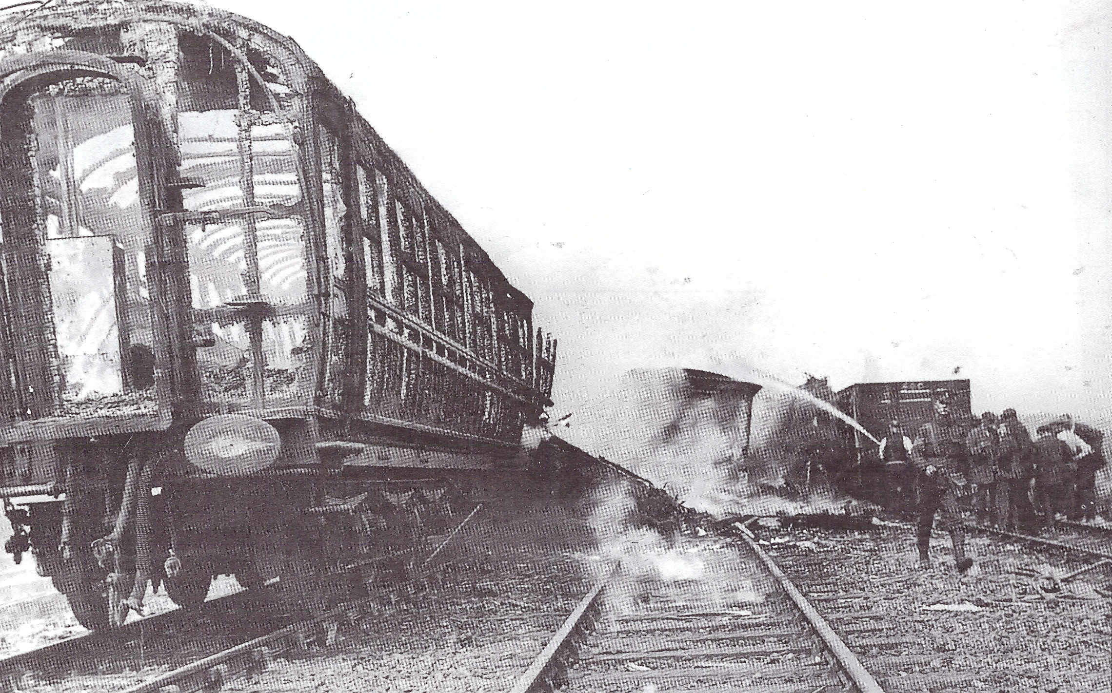 The burned out remains of a carriage at the disaster scene.